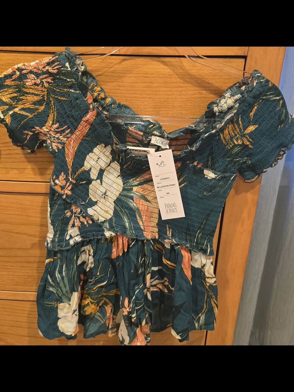 NWT Patrons Of Peace Teal Floral Smocked Off-Shoulder Top, XS
